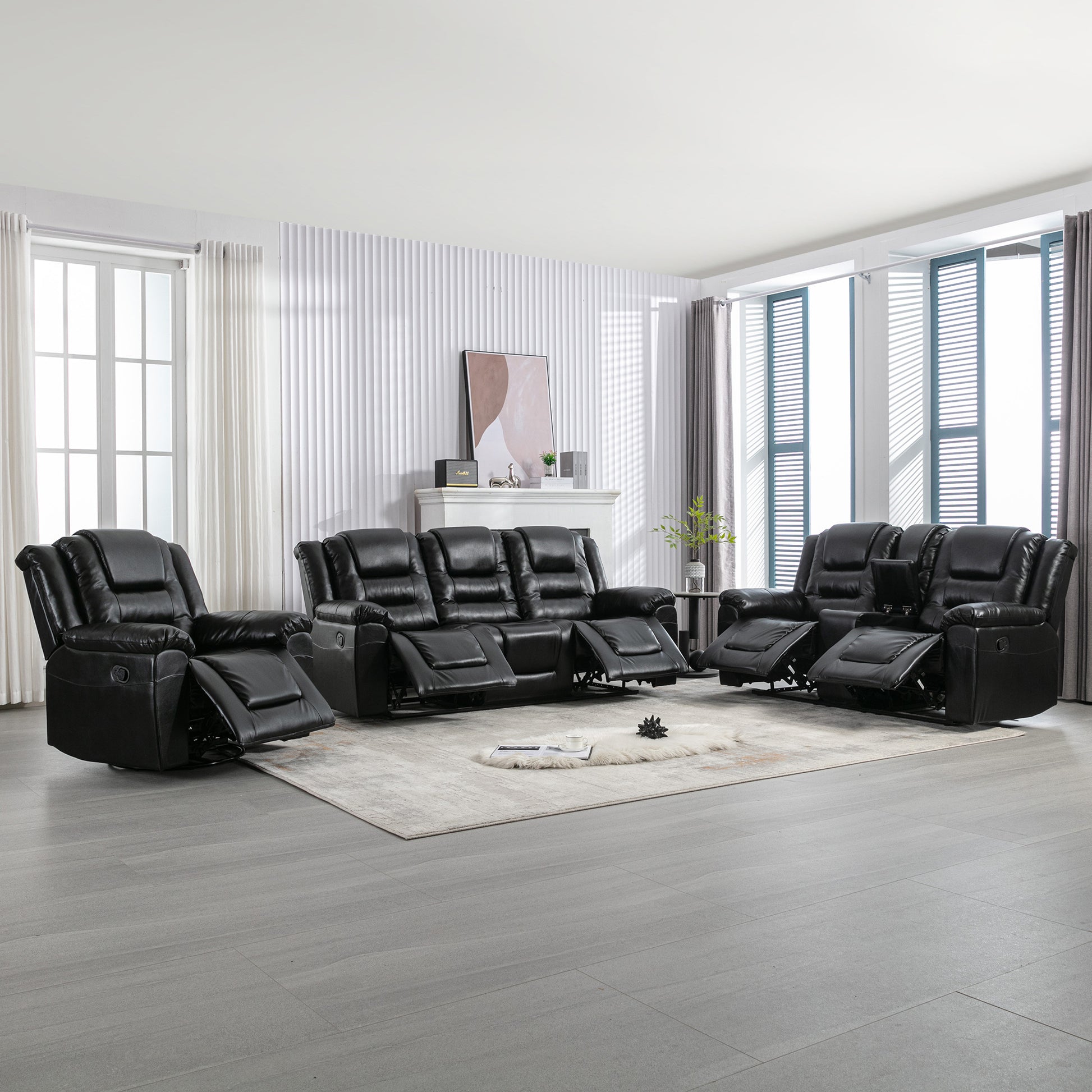 Home Theater Recliner Set Manual Recliner Chair With Wide Armrest, Two Built In Cup Holders For Living Room,Bedroom, Black Old Sku:Sg000760Aab Black Foam Pu Leather