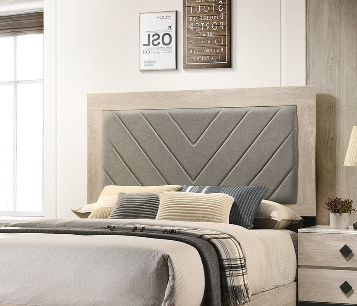 Contemporary 1Pc Cream Finish California King Size Bed Bedroom Furniture Gray V Design Headboard Rubberwood 1Pc Bedframe Box Spring Required California King Cream Grey Wood Bedroom