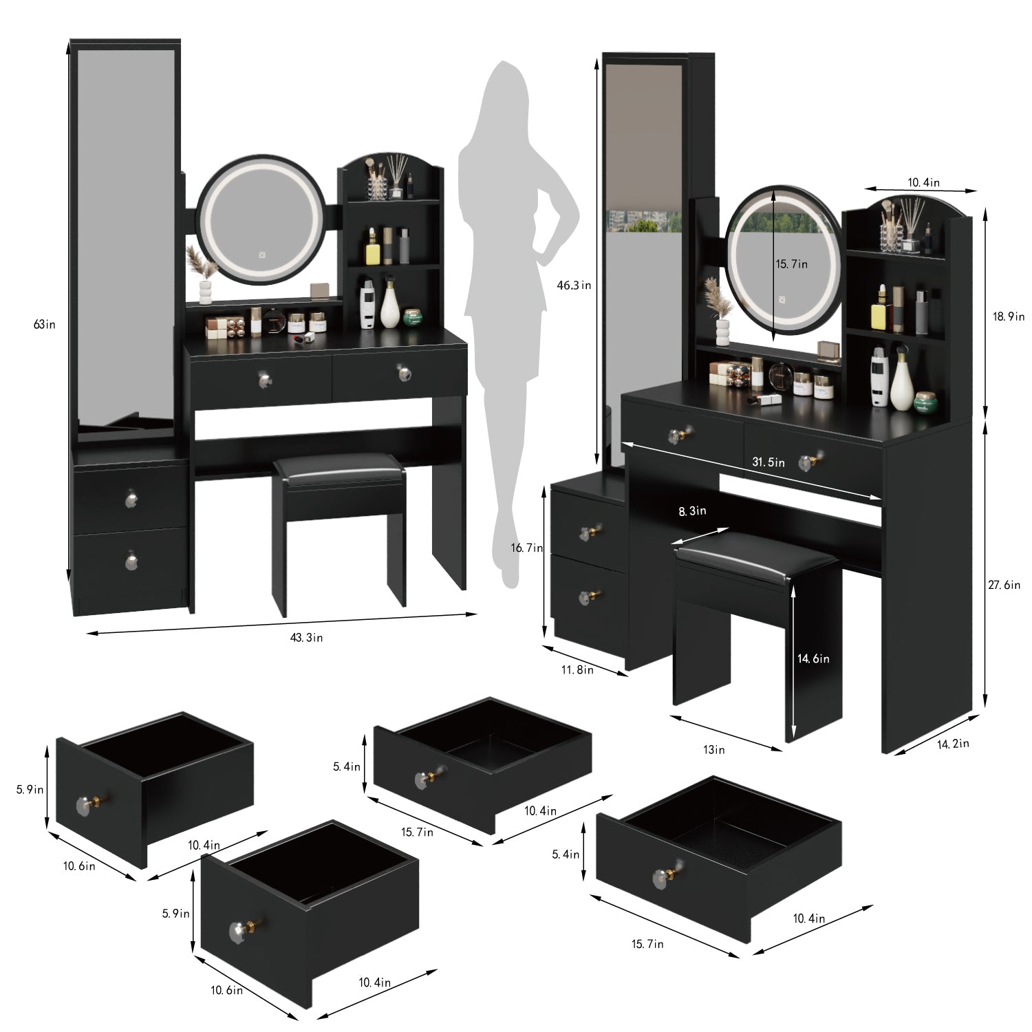 Full Body Mirror Cabinet Round Mirror Led Vanity Table Cushioned Stool, With 2 Ac 2 Usb Power Station,17" Diameter Led Mirror, Touch Control, 3 Color, Brightness Adjustable, Large Desktop Black Mdf