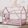 Twin Size Floor Wooden Bed With House Roof Frame, Fence Guardrails,Pink Twin Pink Pine