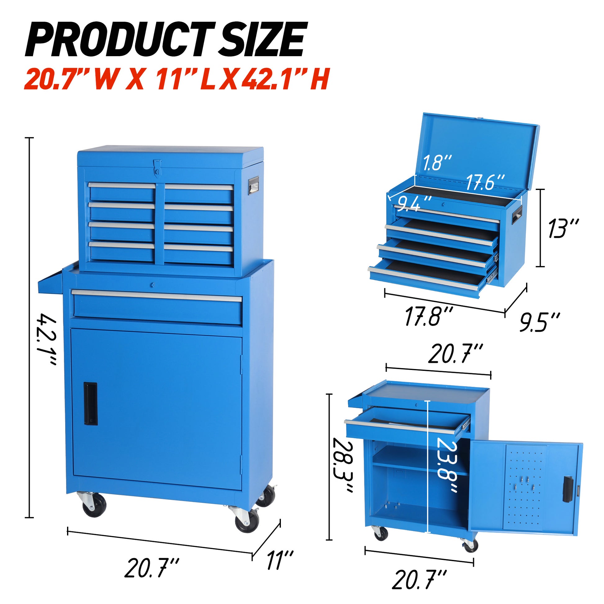 Tool Chest, 5 Drawer Rolling Tool Storage Cabinet With Detachable Top Tool Box, Liner, Universal Lockable Wheels, Adjustable Shelf, Locking Mechanism, Metal Tool Cart For Garage Workshop Blue Steel