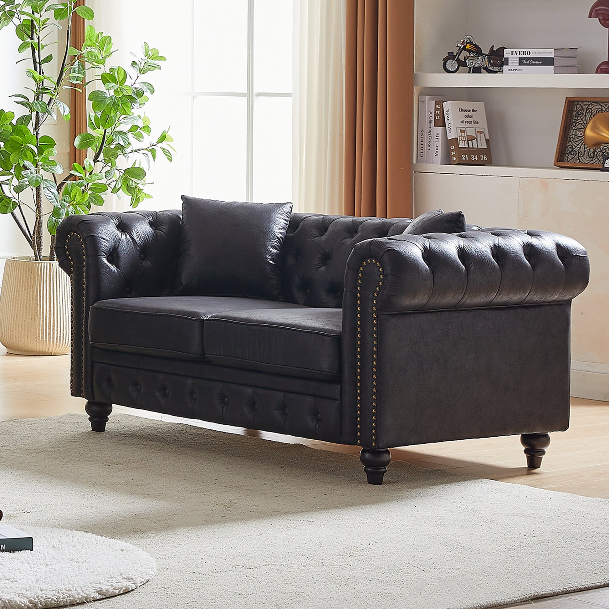 Fx 63.5" Contemporary Design Chesterfield Sofa, Tech Fabric Button Design Living Room Sectional, Button Tufted With Nail Design Arms With 2 Pillows, Upholstered Upholstery And Wooden Legs Black Wood Primary Living Space Pine Foam Fabric 3 Seat