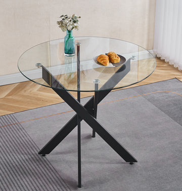 Black Dining Table With Cross Metal Leg And Tempered Glass,Modern Space Saving Kitchen Table For Living Room Black Glass Metal