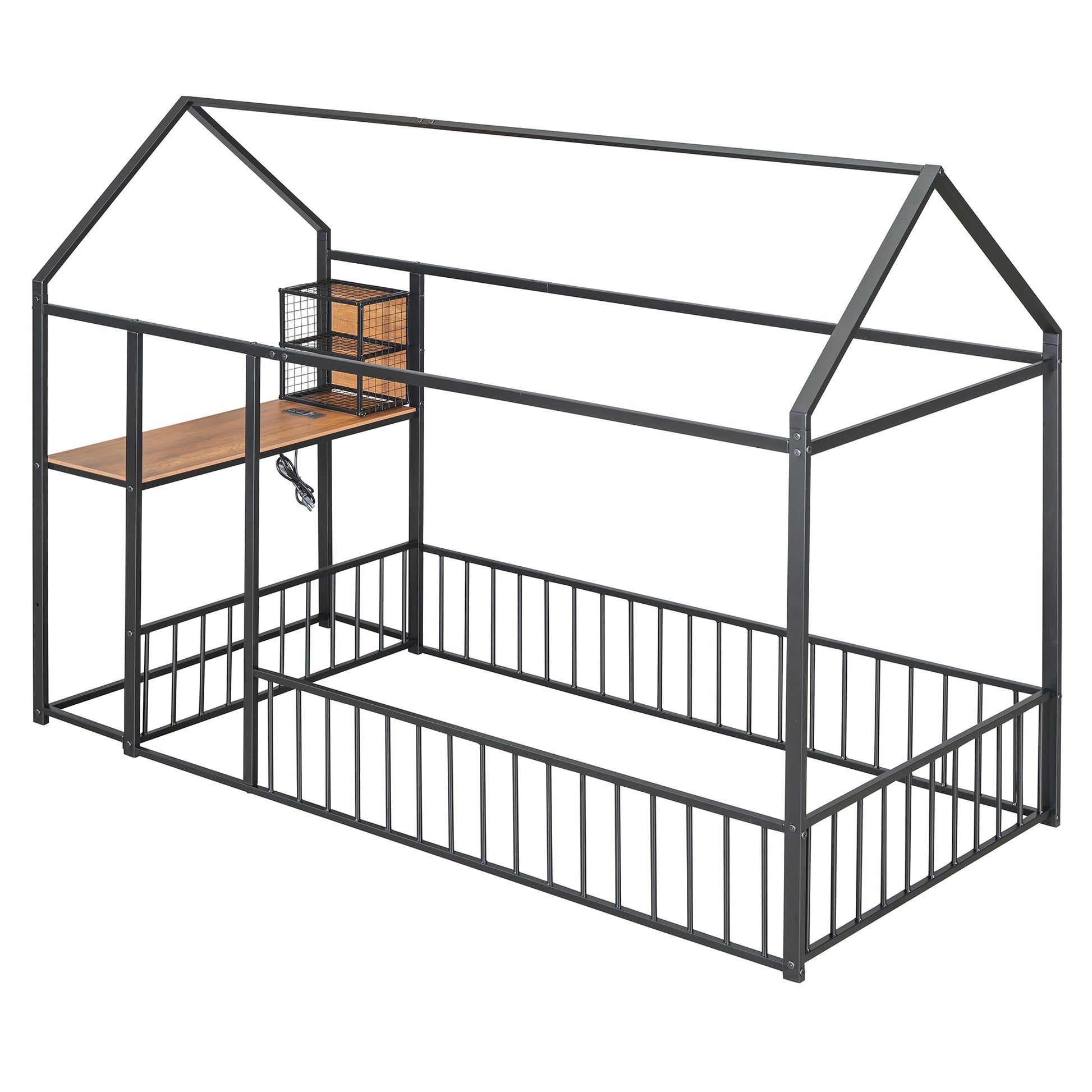 Twin Size Metal Bed House Bed Frame With Desk, Shelves, Power Outlets And Usb Ports, Black Twin Black Metal