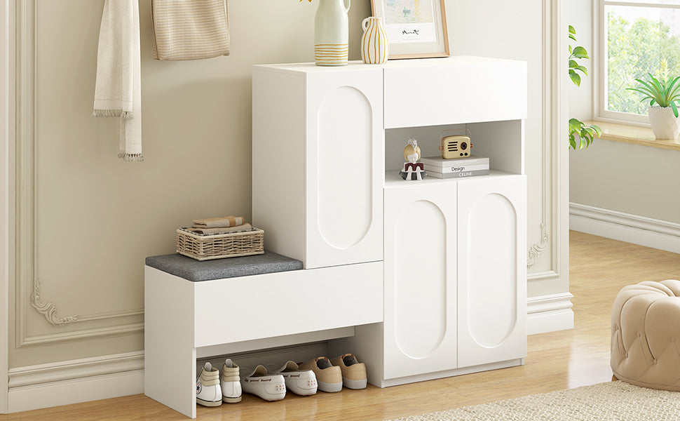 Elegant 2 In 1 Shoe Cabinets With Soft Cushion, Modern Storage Bench With Arched Doors & Rebound Devices, Versatile Shoe Rack Organizer With Adjustable Shelves For Hallway, Living Room, White White