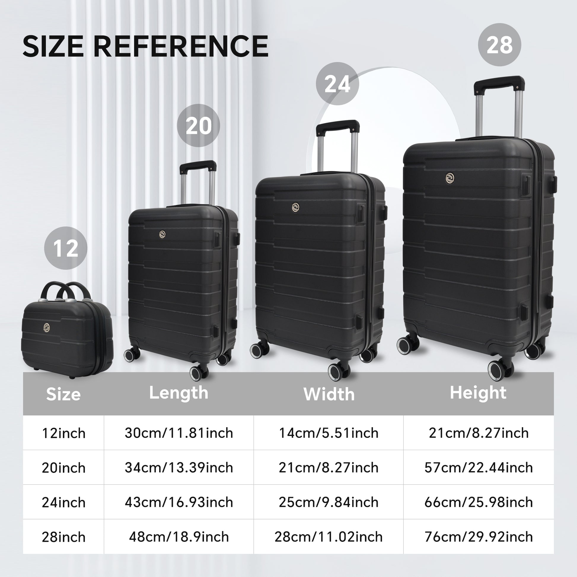 4 Piece Hard Shell Luggage Set,Carry On Suitcase With Spinner Wheels,Family Luggage Set,Black 12 20 24 28In Black Abs