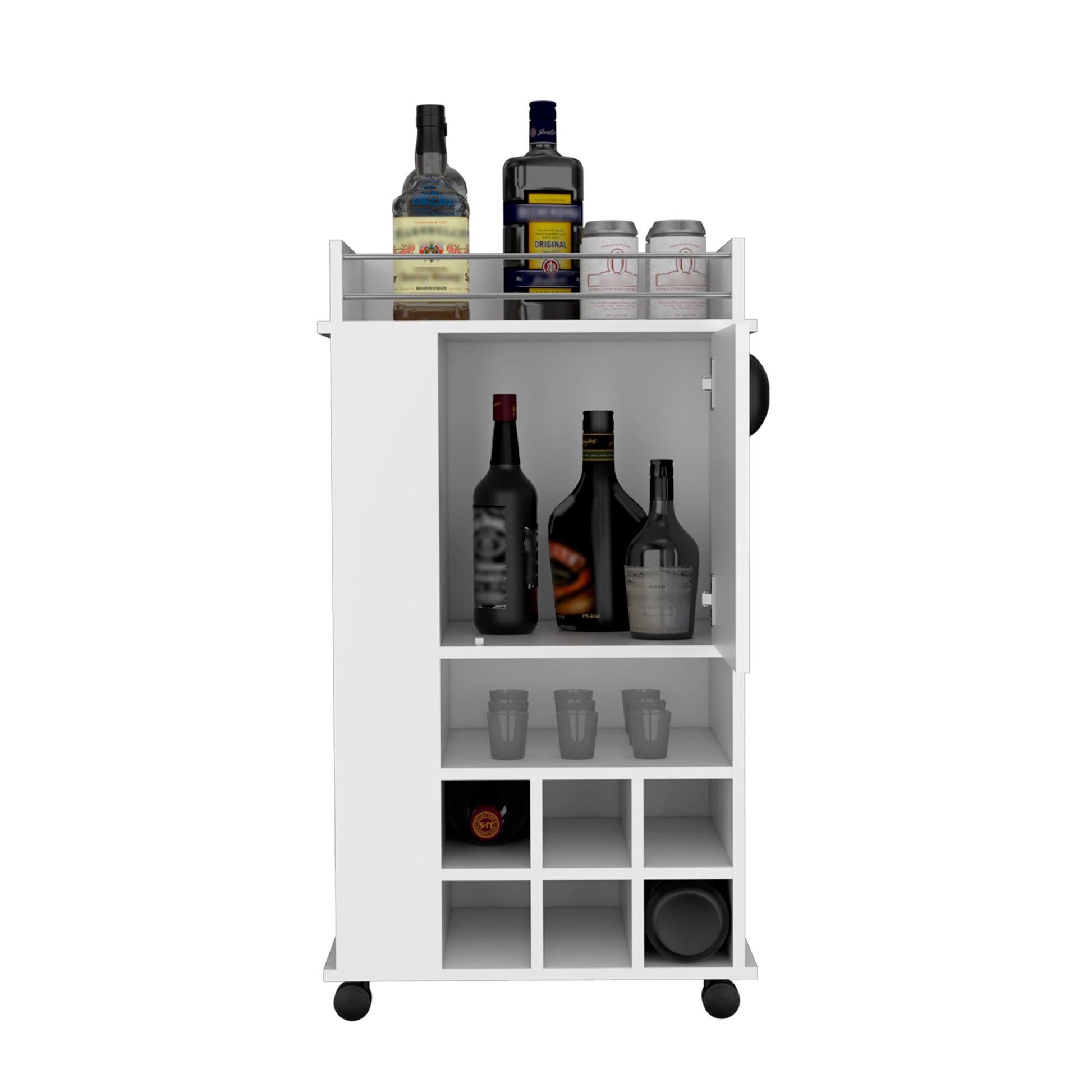 Fargo Bar Cart With Cabinet, 6 Built In Wine Rack And Casters White Primary Living Space Modern Particle Board Engineered Wood