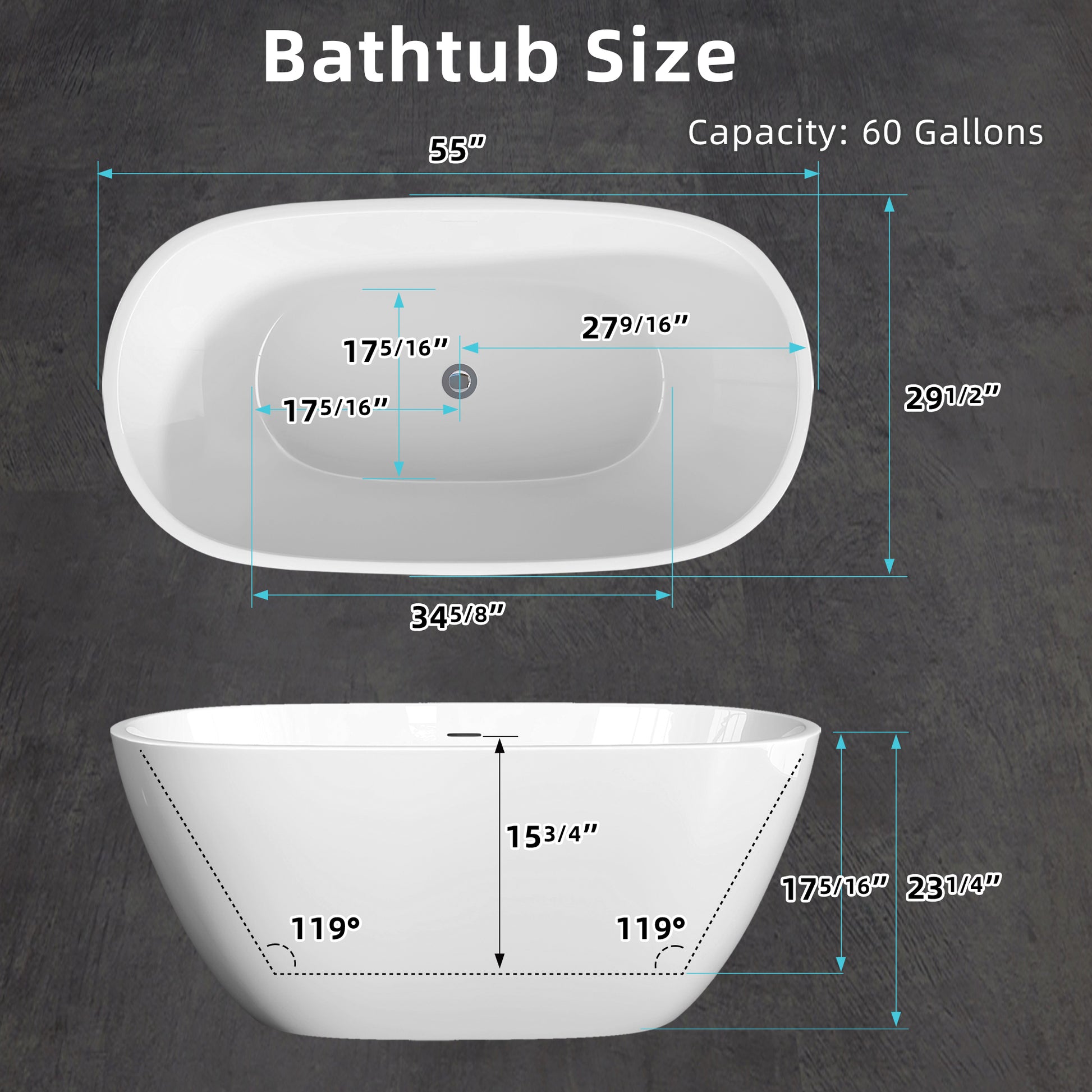 55 Inch Acrylic Freestanding Bathtub Modern Stand Alone Soaking Bathtub With Overflow And Pop Up Drain Gloss White Gloss White Oval Bathroom Freestanding Tubs Polished Less Than 59 In Contemporary,Modern Soaking Center Fiberglass Acrylic