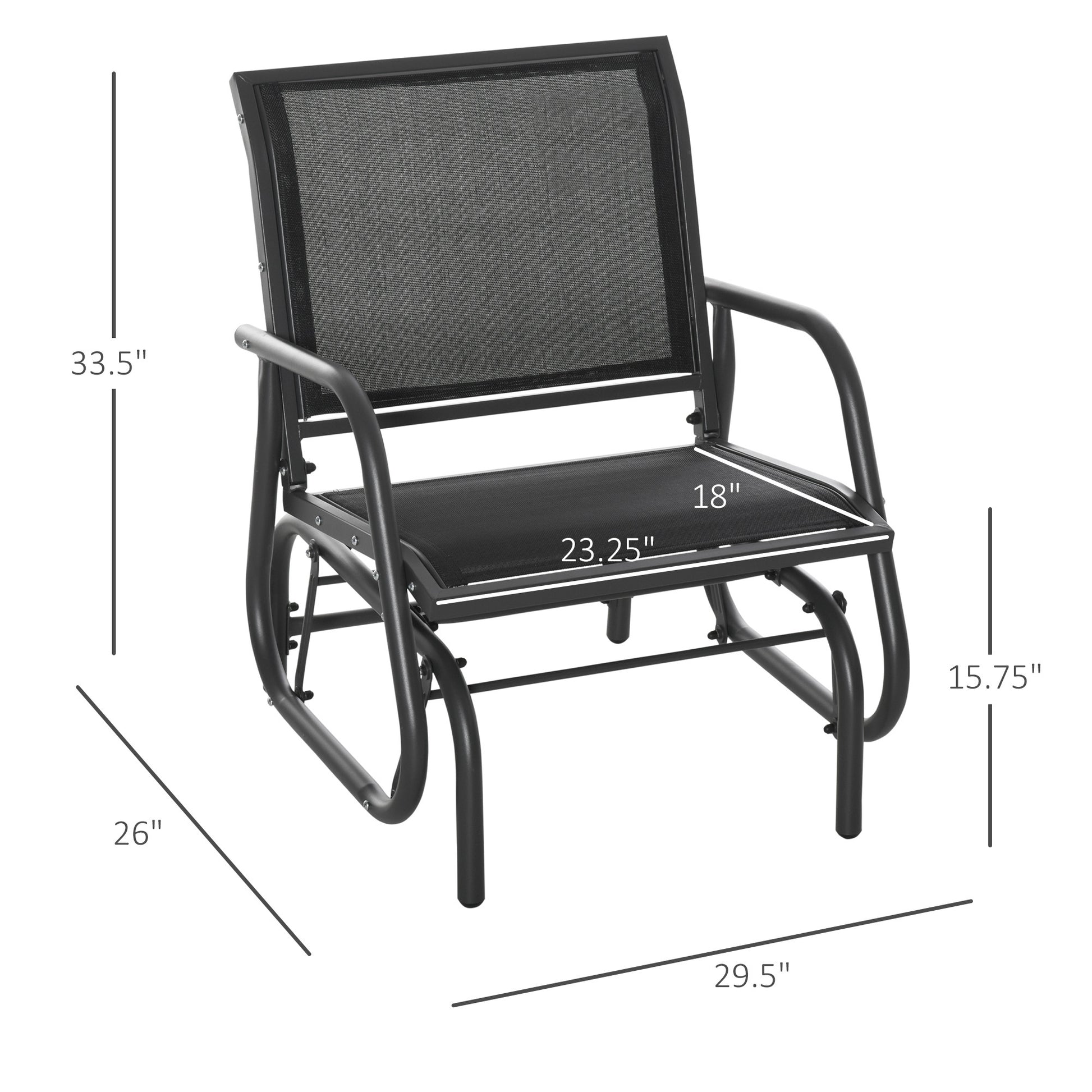 Outsunny Porch Glider, Metal Frame Swing Glider Chair Withmesh Fabric, Curved Armrests And Steel Frame For Garden, Poolside, Backyard, Balcony, Black Black Fabric Metal
