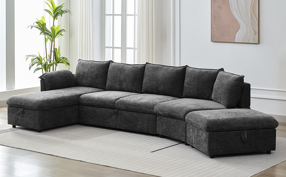 146.9" L Shaped Sofa Sectional Sofa Couch Pull Out Sofa Bed With A Movable Storage Ottoman, A Storage Chaise Lounge And Two Usb Ports For Living Room, Grey Grey Foam Linen 5 Seat