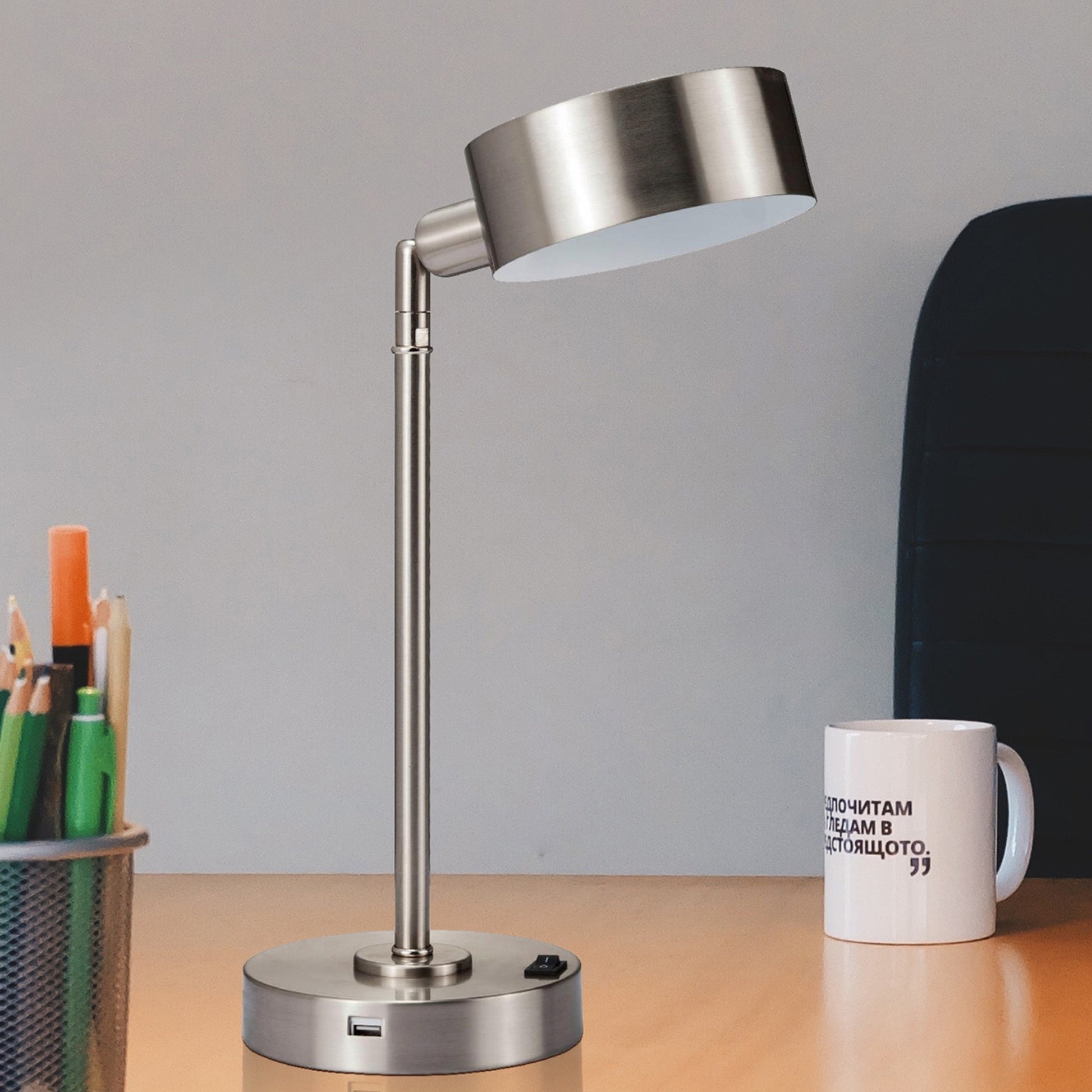 15" Tall "Cambert" Led Table Lamp With Usb Port, Brushed Silver Finish Silver Metal