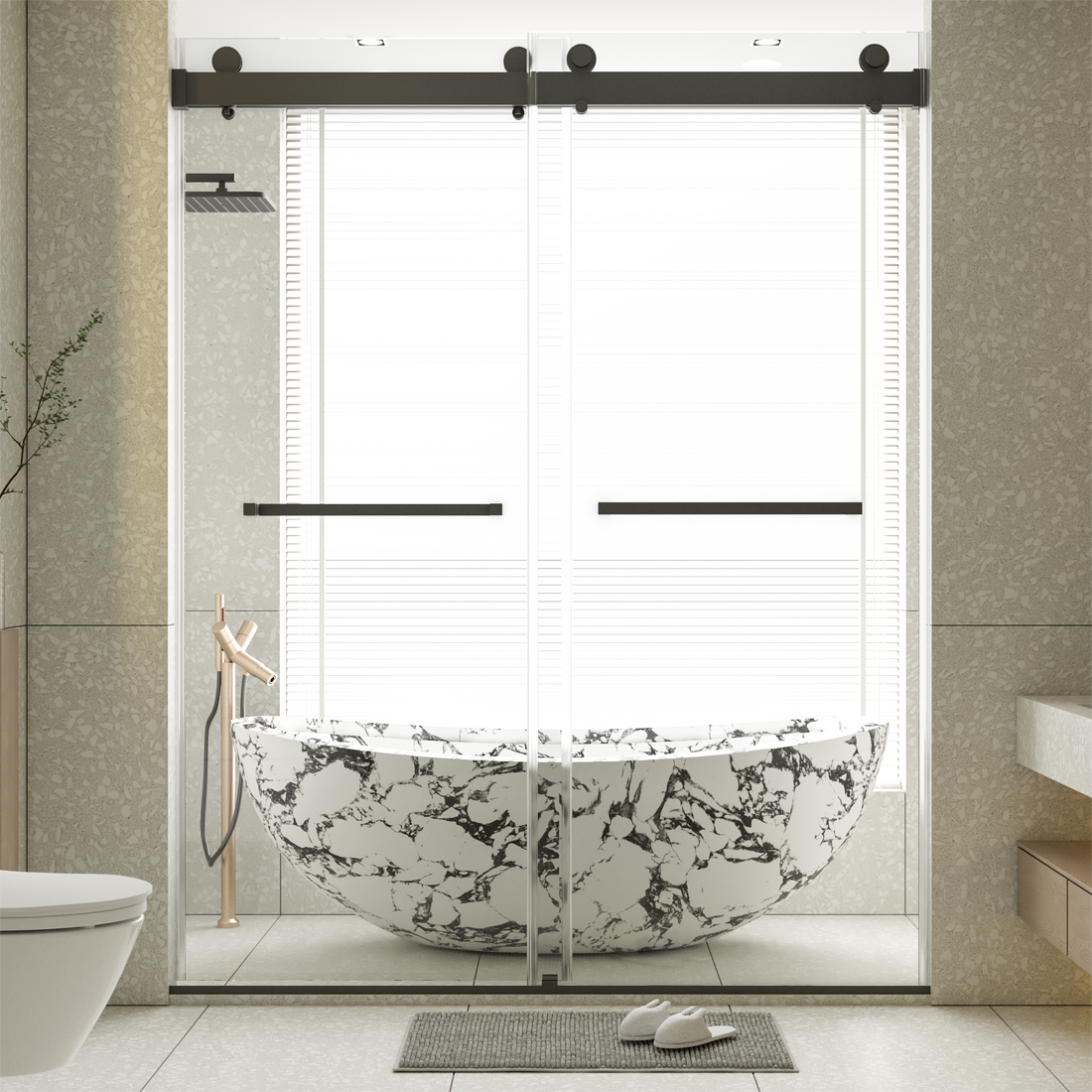 56 60 Inches W *76 Inches H Frameless Double Sliding Soft Close Shower Door In Matte Black,3 8 Inches 10Mm Thick Sgcc Tempered Glass Door Black Glass Metal