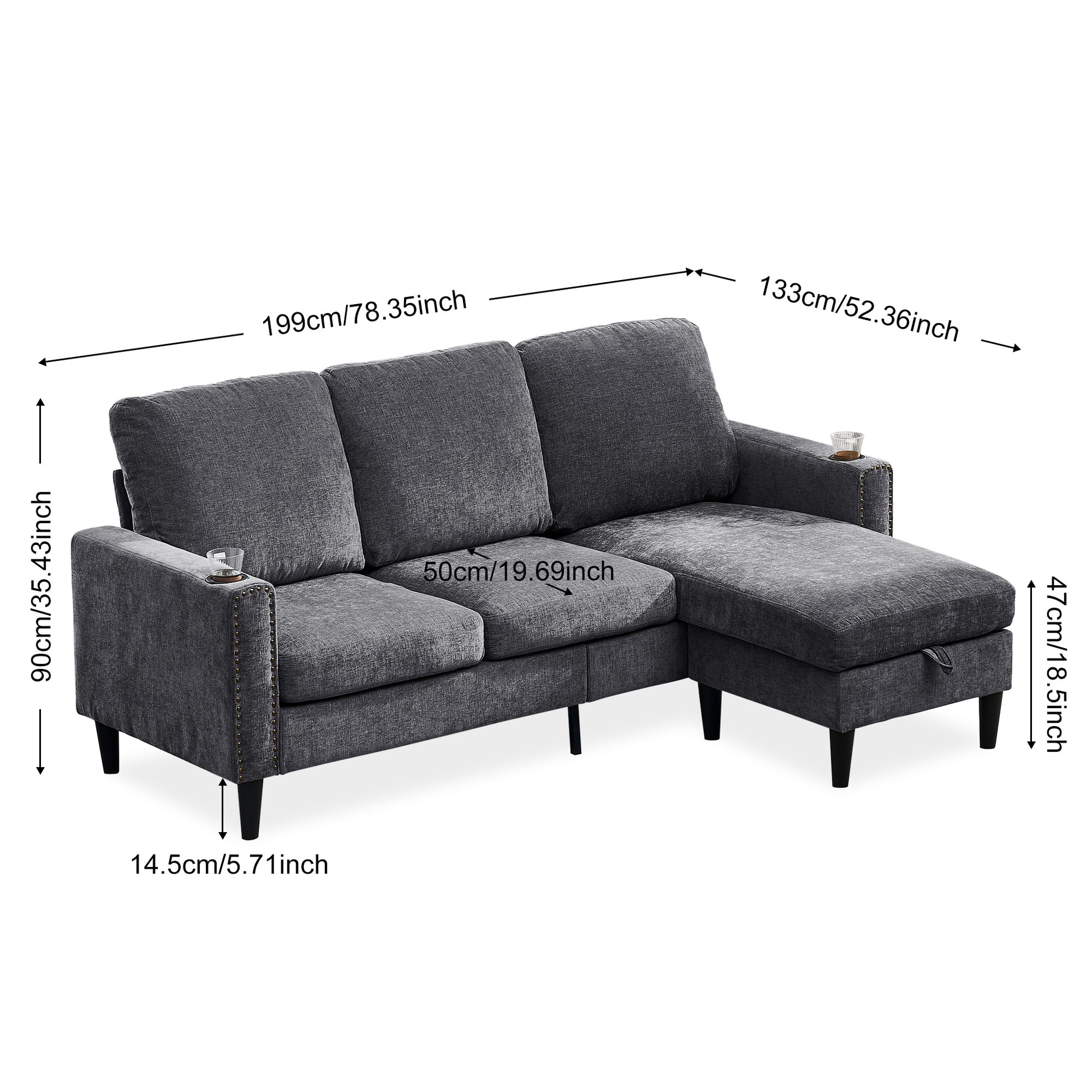 Modern Design Chenille 3 Seat L Shape Sectional Sofa With Storage Chaise For Apartment, Studio, Office,Living Room,L Shape Dark Grey Dark Gray Chenille Metal Primary Living Space Soft Modern Foam