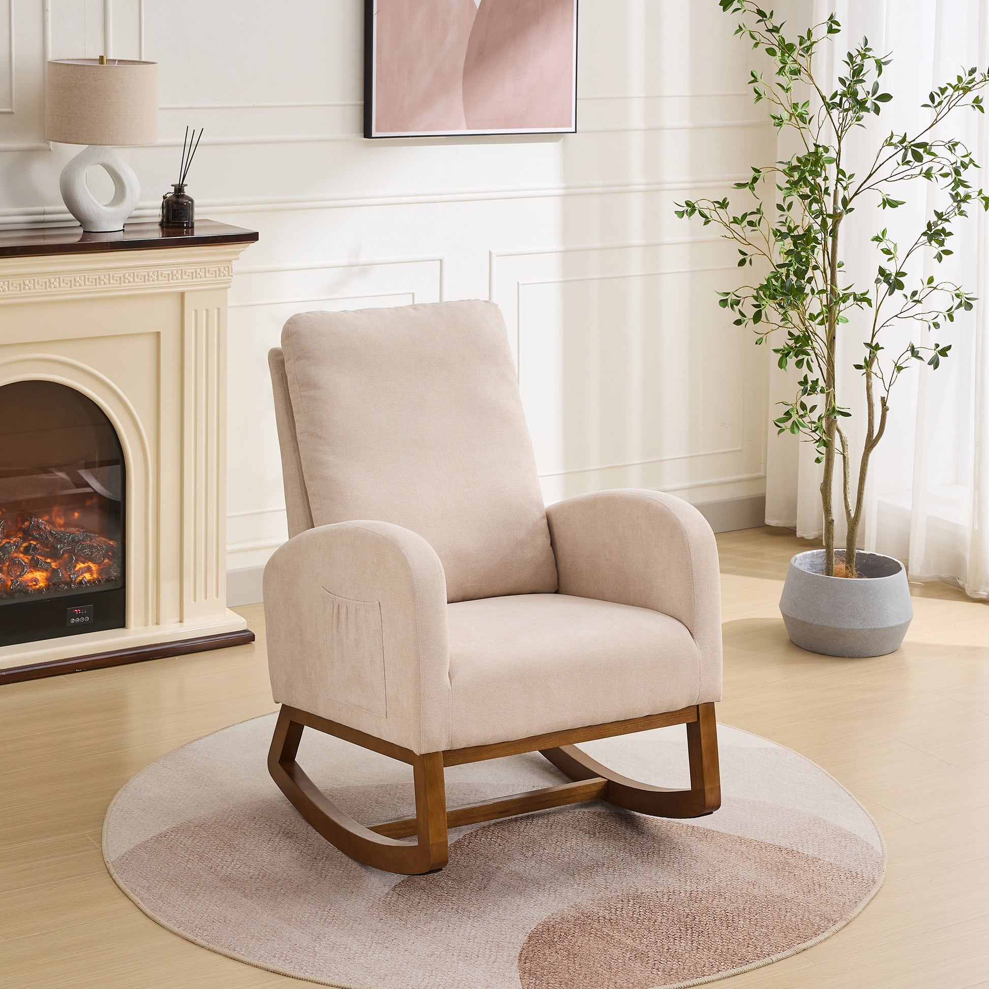 27.2"W Rocking Chair For Nursery, Polyester Glider Chair With High Back And Side Pocket, Rocking Accent Armchair With Rubber Wood Legs For Living Room Bedroom.Beige Beige Polyester