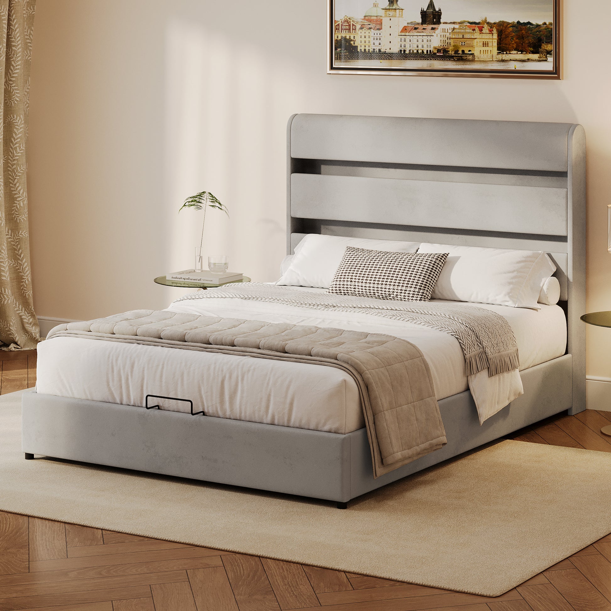 Upholstered Platform Full Size Hydraulic Storage Bed, Lift Up Storage Bed With Rgb Led Light Headboard, No Box Spring Needed,Velvet,Gray Full Gray Velvet Wood Metal