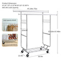 Double Clothing Garment Rack With Shelves Capacity 800Lbs Clothing Racks On Wheels Rolling Clothes Rack For Hanging Clothes Heavy Duty Portable Collapsible Commercial Garment Rack Silver Iron