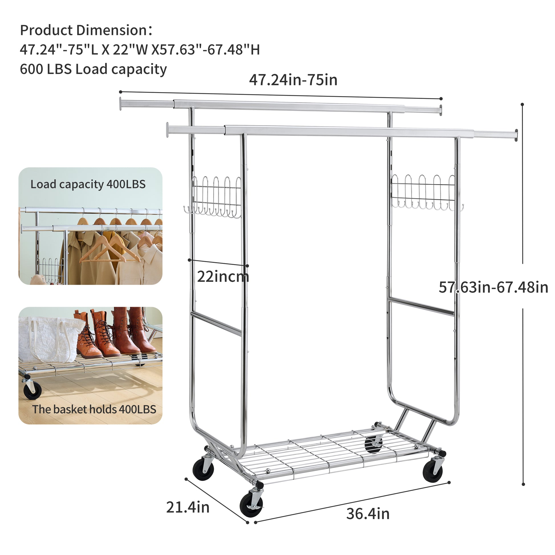 Double Clothing Garment Rack With Shelves Capacity 800Lbs Clothing Racks On Wheels Rolling Clothes Rack For Hanging Clothes Heavy Duty Portable Collapsible Commercial Garment Rack Silver Iron