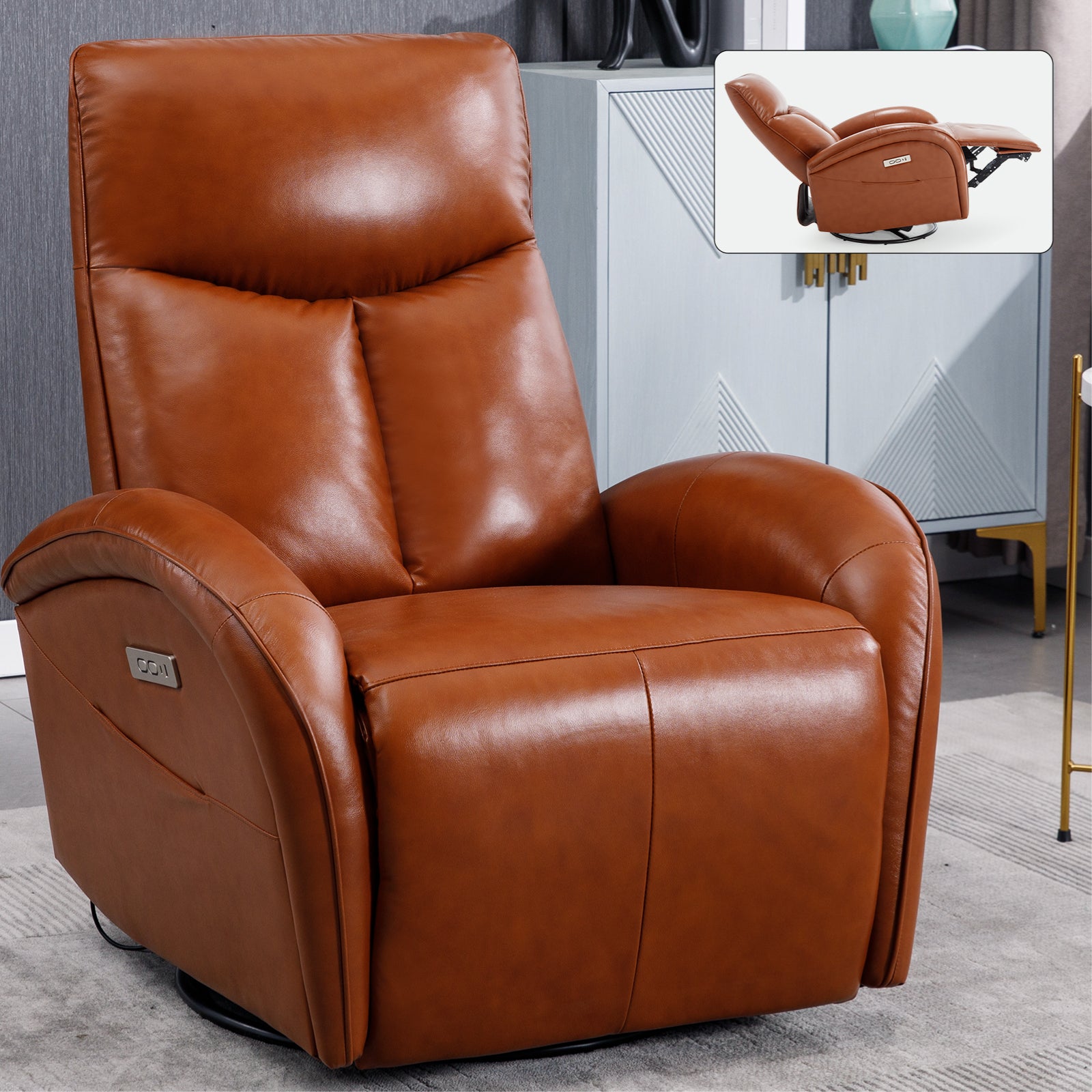 Yellow Brown Genuine Leather Swivel And Rocker Power Recliner Chair With Lumbar Support, Max Swivel Degree 270 , Heavy Duty Motion Mechanism With Usb And Type C Brown Genuine Leather Power Push Button Metal Primary Living Space Medium Firm Pillow Back