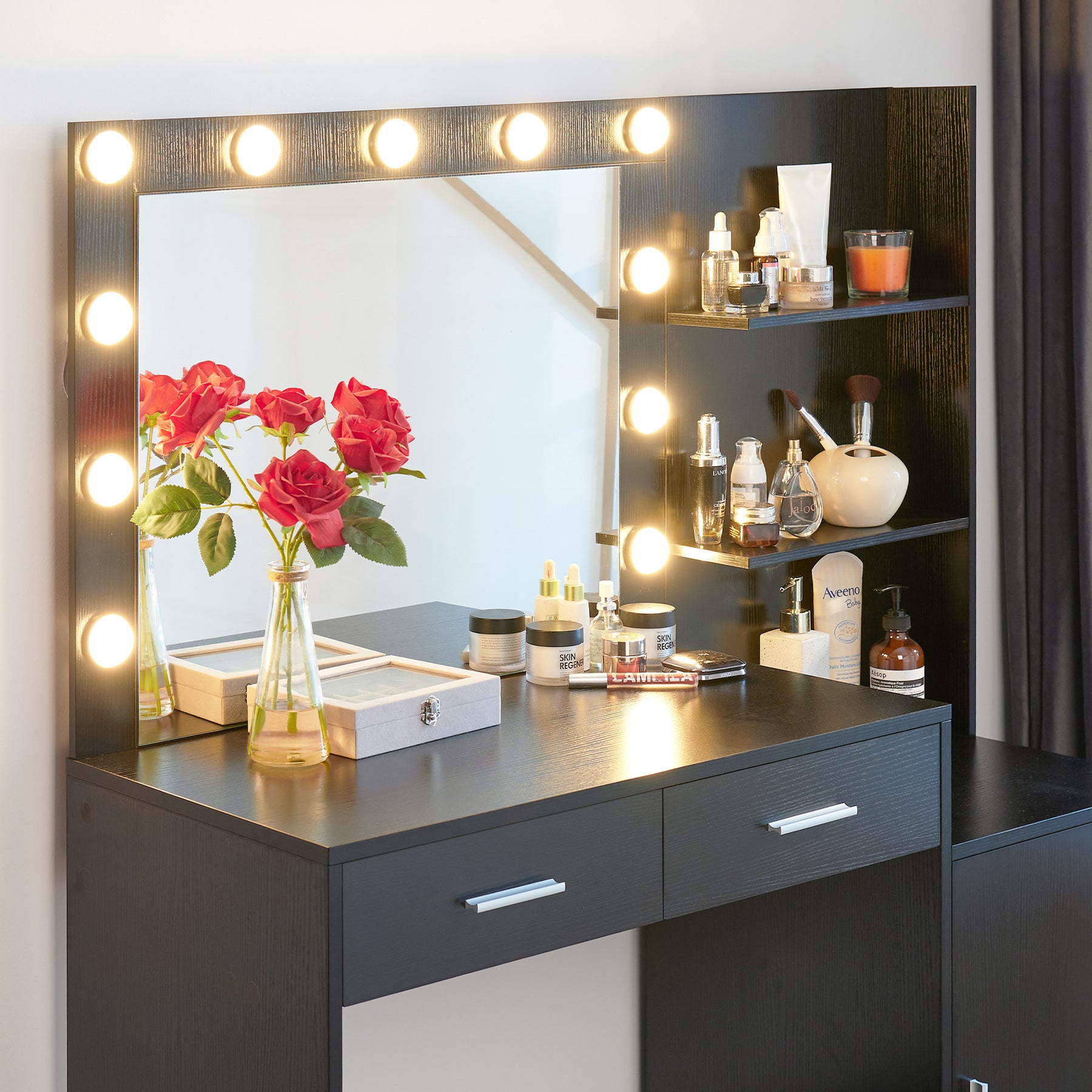 Vanity Desk With Mirror And Lights, 46.4In Dressing Table With 2 Large Drawer&Large Vertical Organizer, 3 Level Dresser & 3 Lighting Modes Adjustable Brightness, Suitable For Bedroom Black Black Polyester Blend