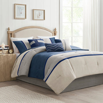 7 Piece Faux Suede Comforter Set Blue King King Blue Polyester