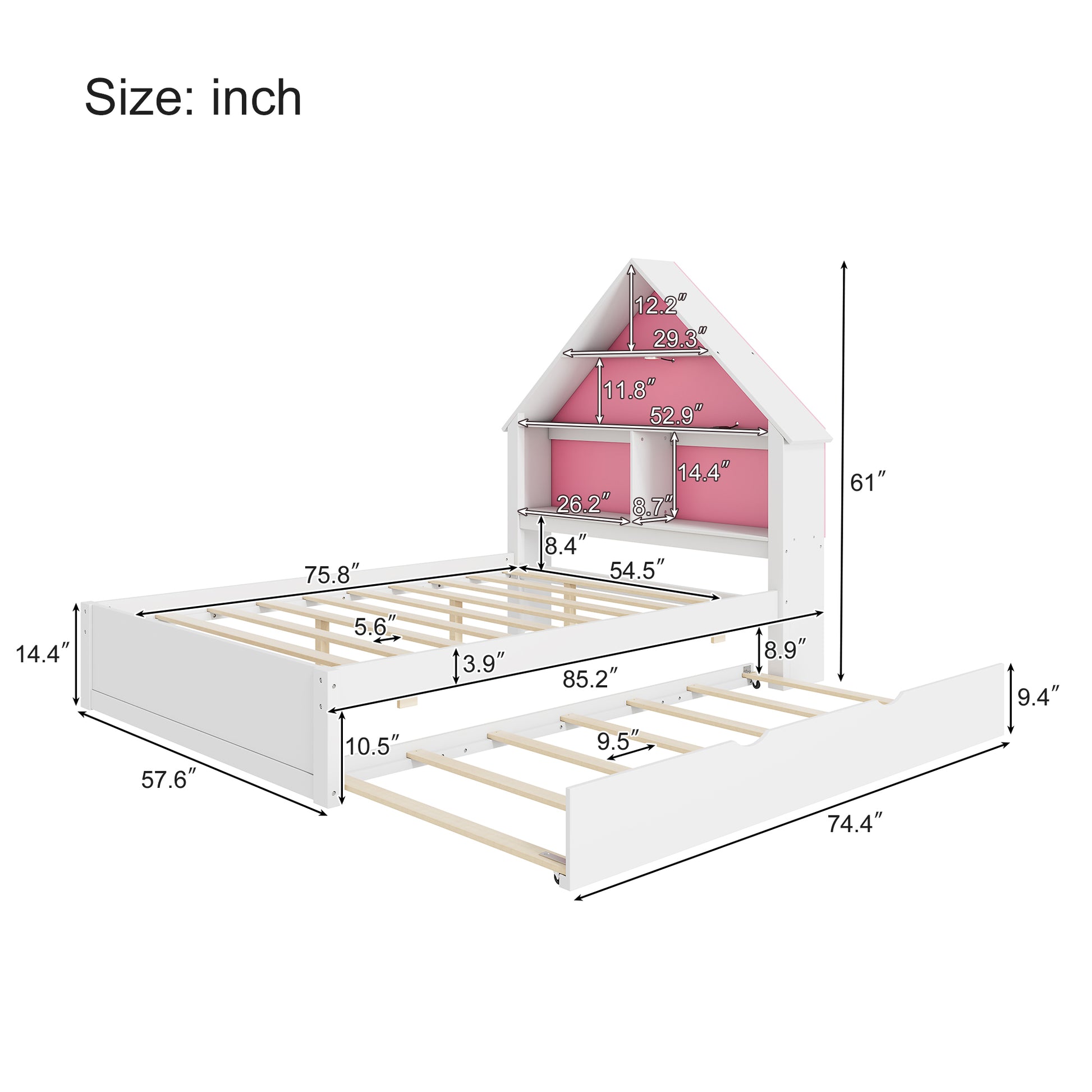 Full Size House Shaped Bed With Bookcase Headboard And Led Light And Twin Size Trundle For Kids Boys Girls, Pink White Box Spring Not Required Full White Pink Wood Bedroom Cute Bed Frame Wood