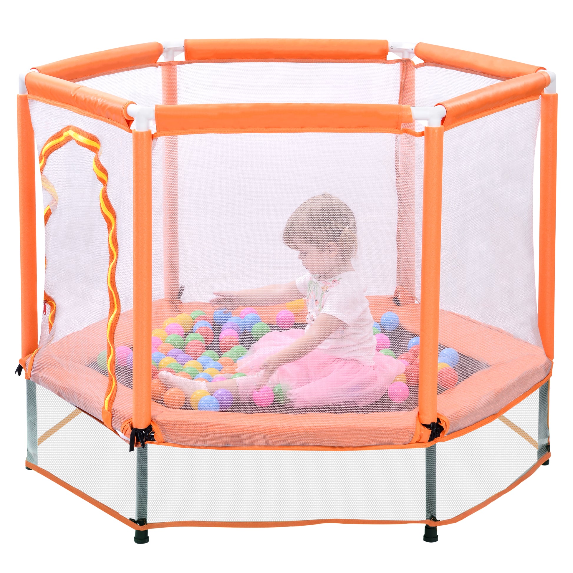 55'' Toddlers Trampoline With Safety Enclosure Net And Balls, Indoor Outdoor Mini Trampoline For Kids Orange Metal