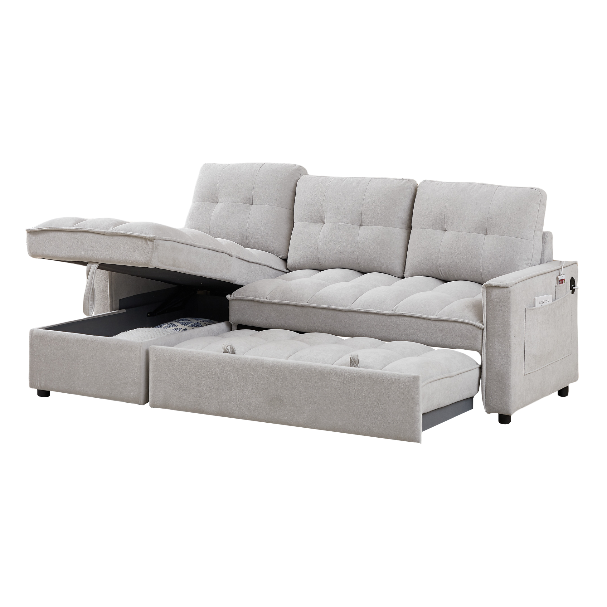 Mh 78.75" Reclining Sofa, Pull Out Sofa Bed With Usb And Tape C Charging Ports, L Shaped Sectional Sofa With Reclining Storage And Arm Side Organizer Pocket Features, Living Room Comfort Sofa Light