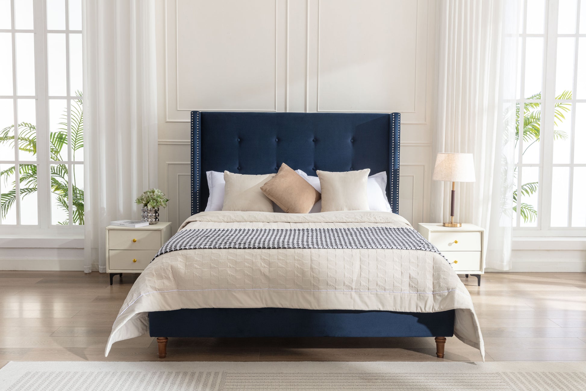 Peyton Upholstered Queen Bed 54" High Headboard Traditional Hand Buttoned Tufting Trim Wingback No Box Spring Needed Easy Assembly Blue Velvet Box Spring Not Required Queen Blue Metal Brown Bedroom Classic,European,Modern,Traditional Oak Bed Frame Foam