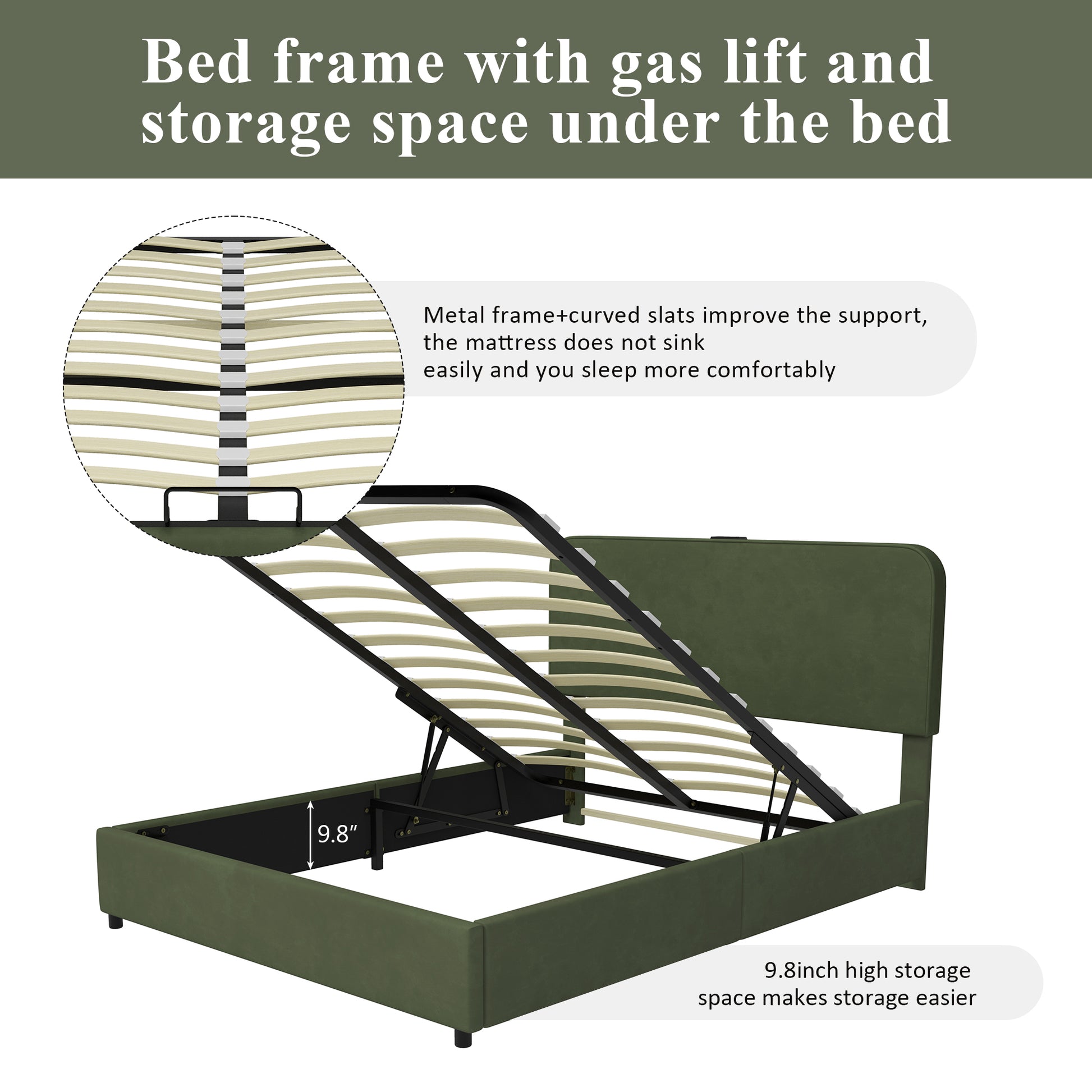 Upholstered Platform Full Size Hydraulic Storage Bed, Lift Up Storage Bed With Rgb Led Light, Bluetooth Speaker, No Box Spring Needed, Lychee Velvet, Green Full Green Velvet Fabric Metal