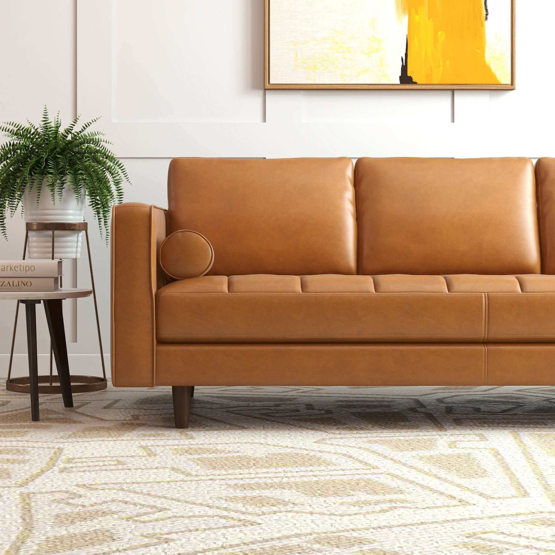 Catherine Sofa Light Brown,Rustic,Tan Brown Genuine Leather Wood Pillow Back Genuine Leather,Solid Wood 3 Seat