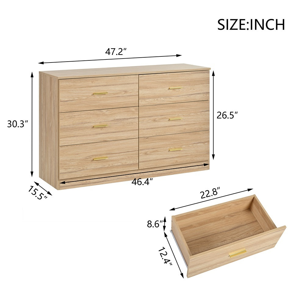 Modern Natural 6 Drawer Dresser For Bedroom Large Storage Wide Chest Of Drawers, Sturdy & Safe Chest 5 Or More Drawers Natural Natural Primary Living Space Drawers Included American Design,Contemporary,Modern Melamine Engineered Wood