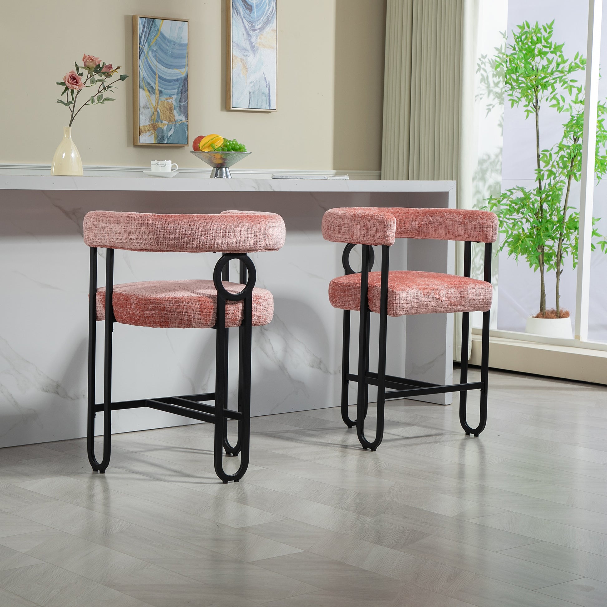 Coolmore Bar Stools Set Of 1, Modern Bar Stool With Back, Black Metal Frames, Upholstered Bar Stools For Kitchen Island, Pub, Club Pink Chenille Pink Primary Living Space Foam Chenille