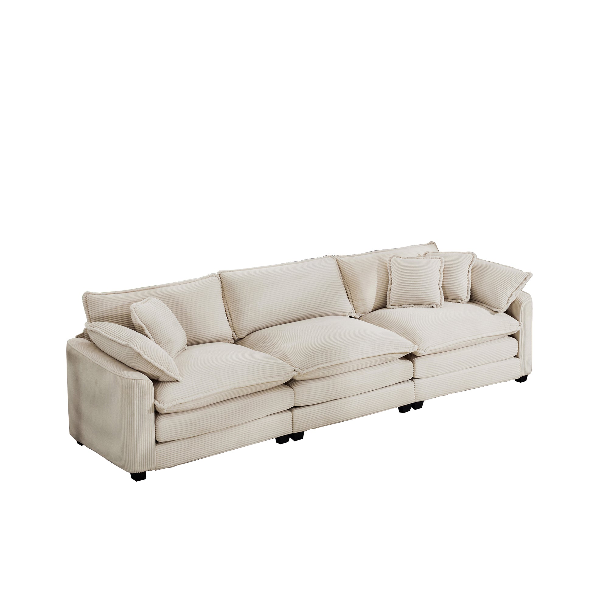 Mid Century Modern Sofa 3 Seater Sectional Sofa With 2 Arm Pillows And 3 Throw Pillows, Light Beige Corduroy Fabric Beige Corduroy 3 Seat