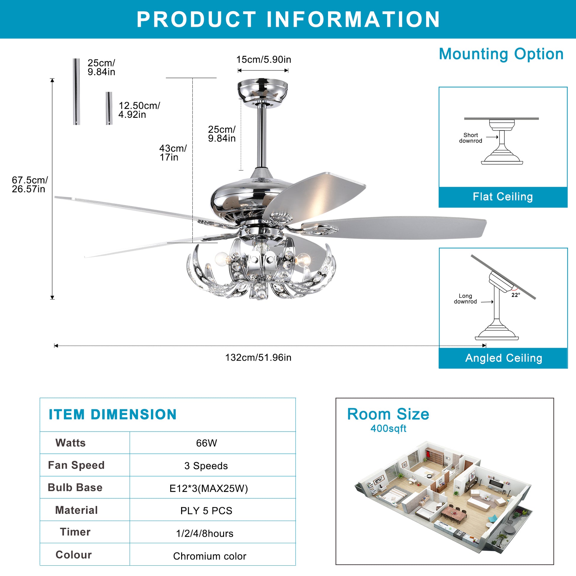 52" Crystal Ceiling Fan With 5 Reversible Blades Light Kit And Remote Control, 3 Speed High, Mid,Low Adjustable For Living Room, Bedroom, Kitchen Chrome American Traditional,Classic,Contemporary Crystal Metal