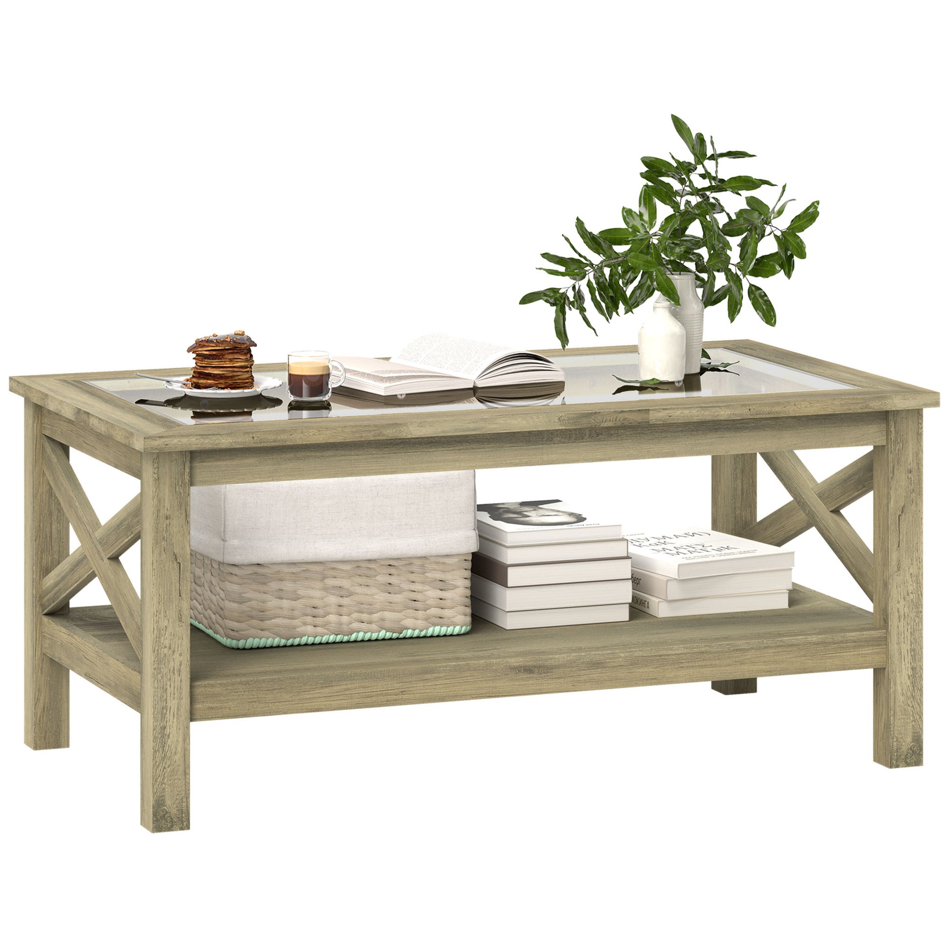 Homcom Glass Coffee Table, Modern Farmhouse Center Table With Storage, Side Table For Living Room With Classic X Bar Style Sides, Gray Gray Mdf