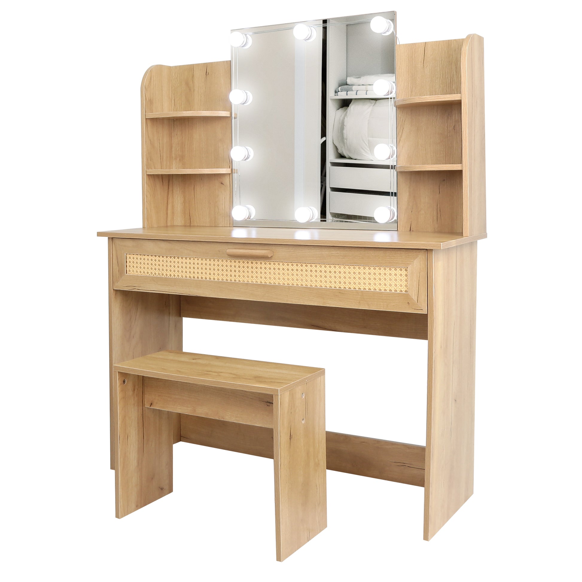 Vanity Desk Set Stool & Dressing Table With Led Lighting Mirror Drawer And Compartments Modern Wood Cosmetic Table Chest Of Drawers Nature Color Natural Wood Particle Board