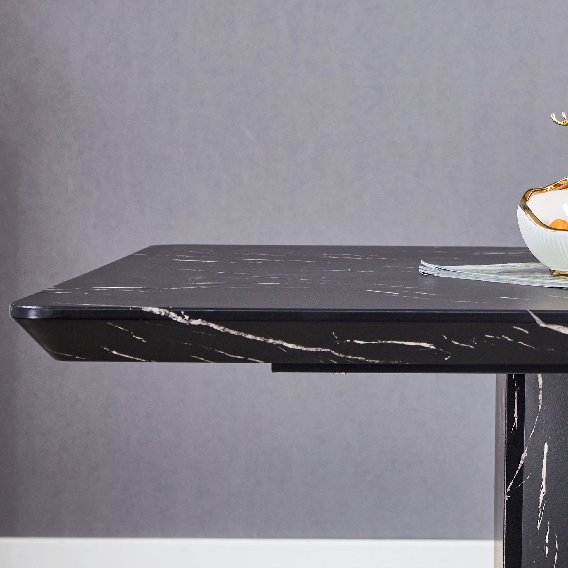 Table And Chair Set.This Modern Dining Table With Mdf Marbled Design Gives You A Luxurious And Elegant Feel.Paired With Multiple Chairs With Pu Artificial Leather Backrest Cushions And Black Legs. Black Seats 4 Mdf