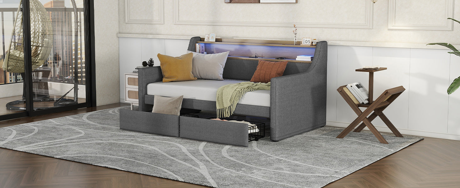 Twin Size Daybed With Storage Drawers, Upholstered Daybed With Charging Station And Led Lights, Gray Old Item W1580S00034 Twin Gray Linen