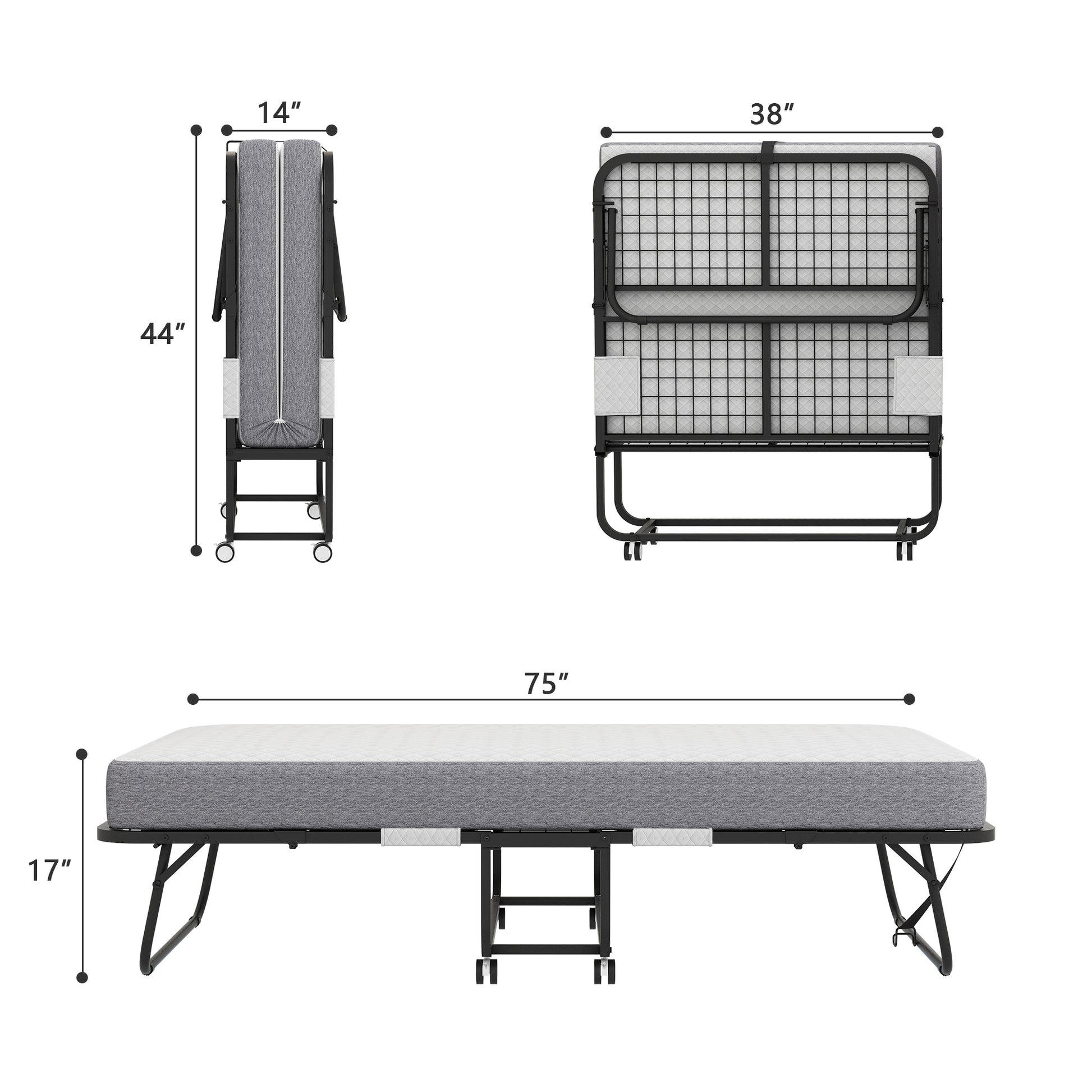 Folding Bed With Mattress 75" X 38" Rollaway Guest Bed Portable Foldable Bed For Adults With 5" Memory Foam Mattress Space Saving Sturdy Metal Frame Twin Black Iron Modern Polyester Iron