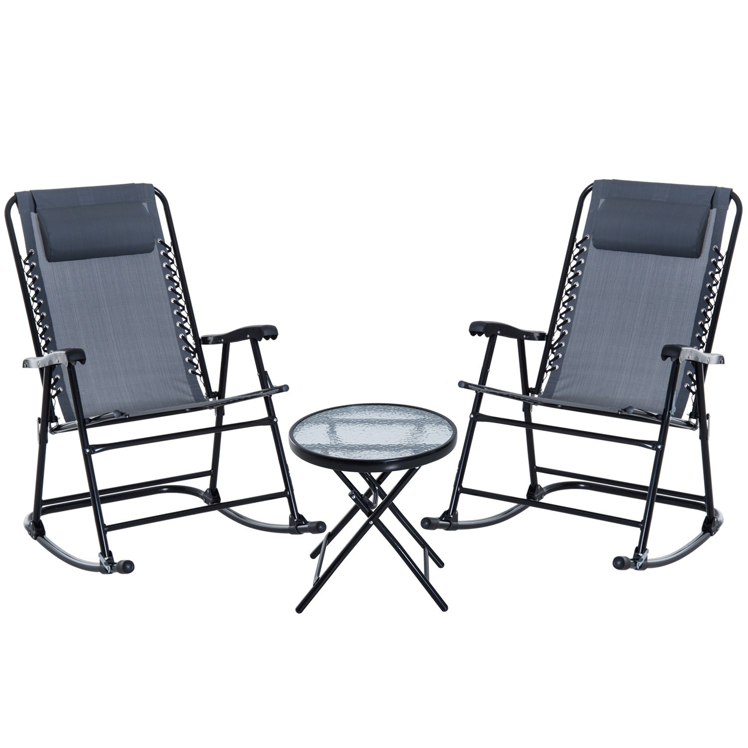 Outsunny 3 Piece Outdoor Rocking Bistro Set, Patio Folding Chair Table Set With Glass Coffee Table For Yard, Patio, Deck, Backyard, Grey Grey Fabric