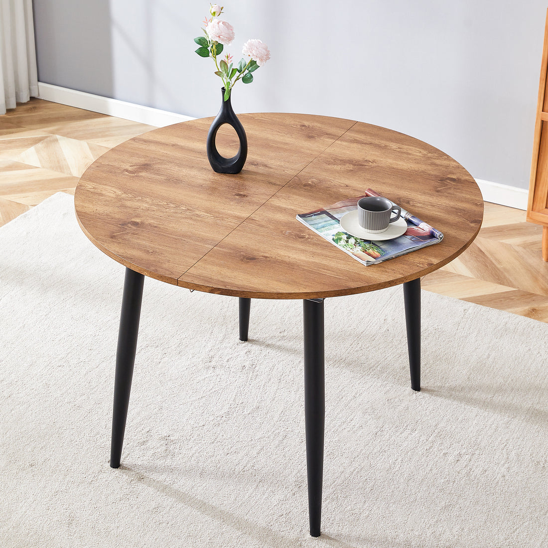 With A Clever Retractable Mechanism, The Mdf Table Top And Black Metal Legs And Has A Smooth And Delicate Surface. The Unique Look Creates The Sleekof A Modern Home. Wood Mdf Metal