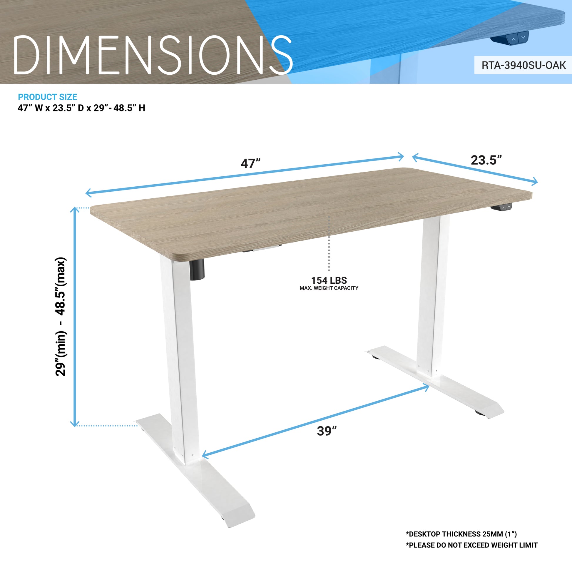 Techni Mobili Adjustable Sit To Stand Desk, Oak Oak Computer Desk Office Modern Rectangular Rectangular Steel Particle Board