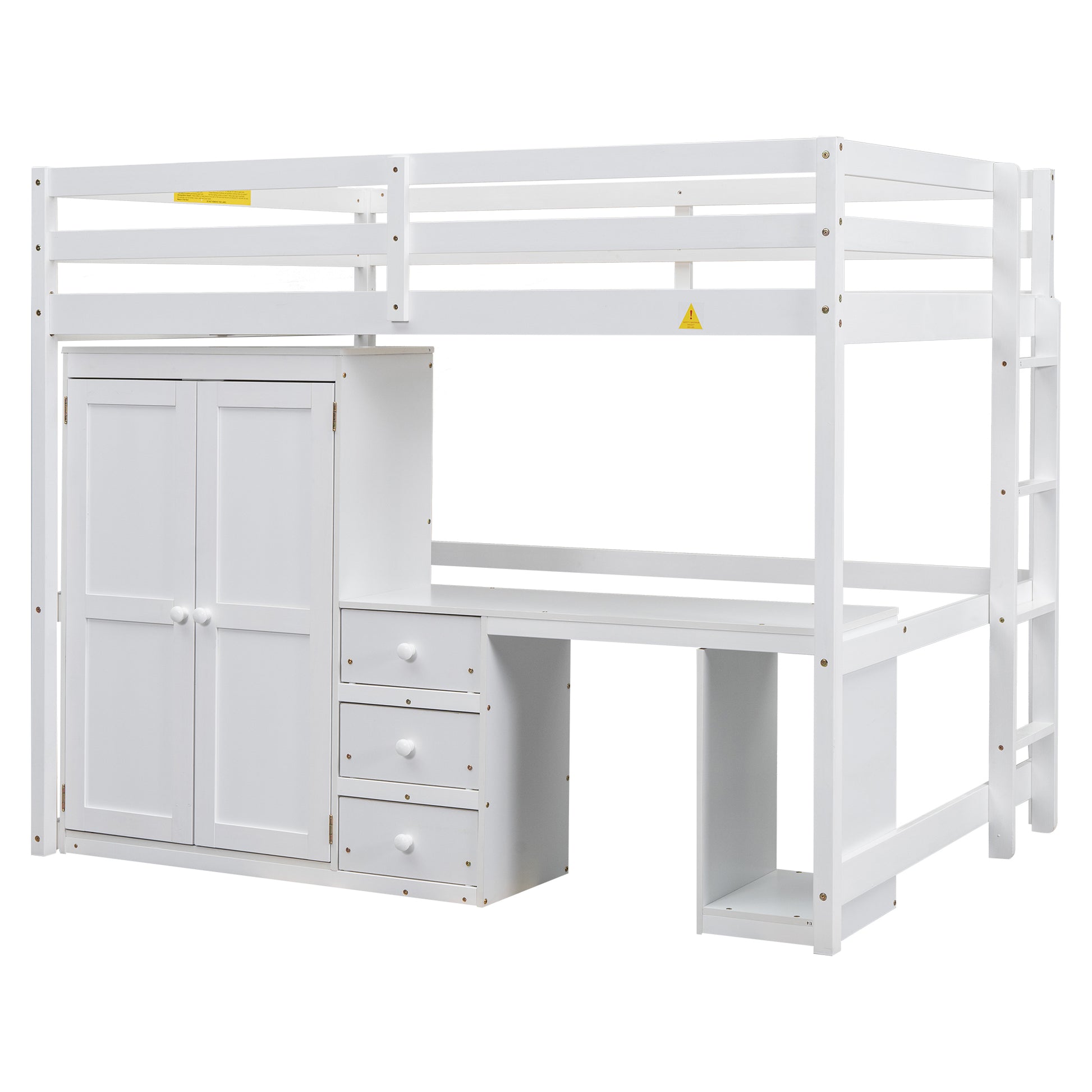 Full Size Loft Bed With Wardrobe, Desk And Storage Drawers, White Full White Pine