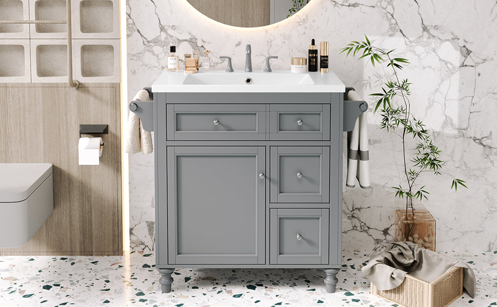 30'' Bathroom Vanity With Top Sink, Modern Bathroom Storage Cabinet With 2 Drawers And A Tip Out Drawer, Single Sink Bathroom Vanity Same As N710S130001E Grey Bathroom Modern Solid Wood Mdf Resin