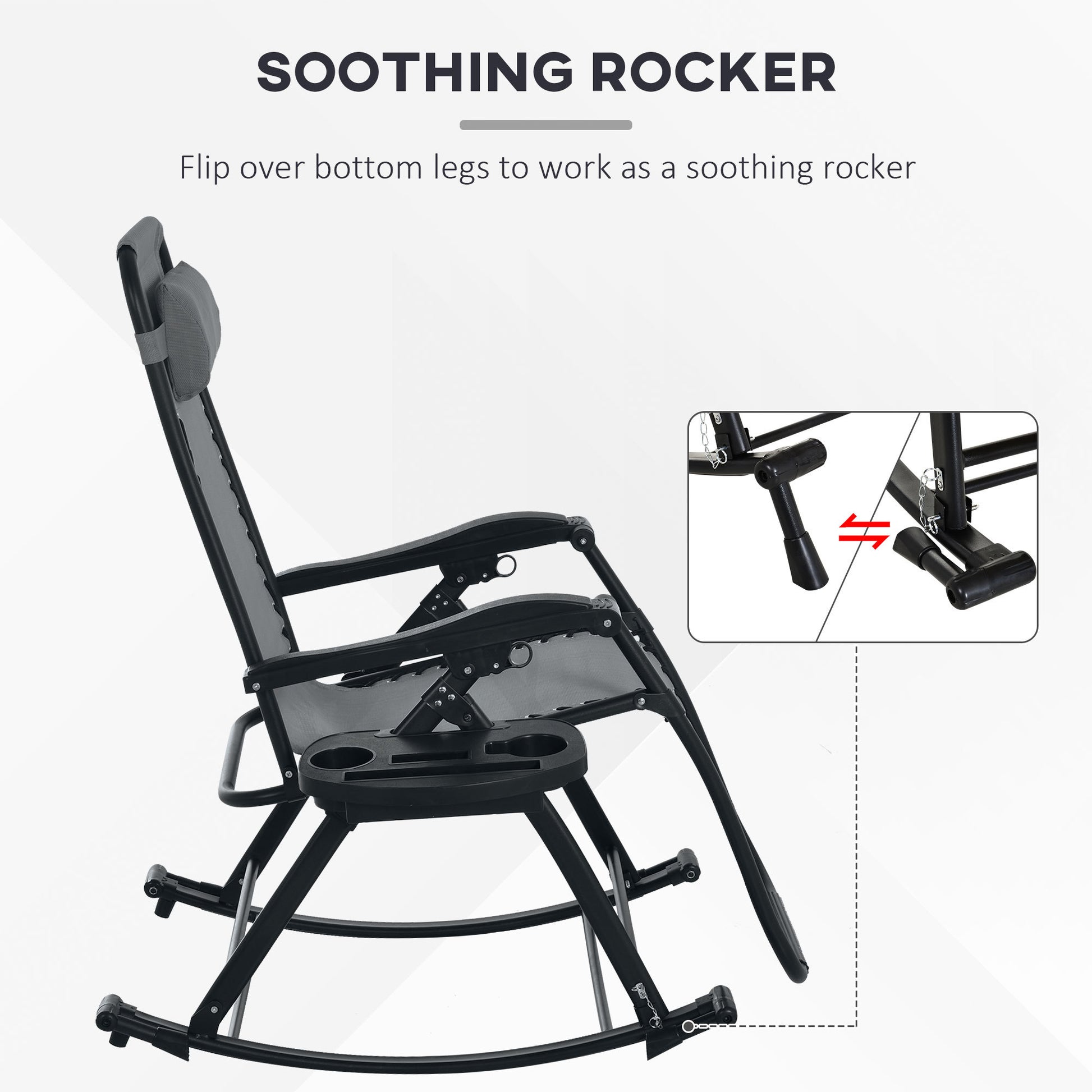 Outsunny 2 Pieces Outdoor Rocking Chairs, Foldable Reclining Zero Gravity Lounge Rocker With Pillow, Cup & Phone Holder, Combo Design With Folding Legs, Gray Gray Steel