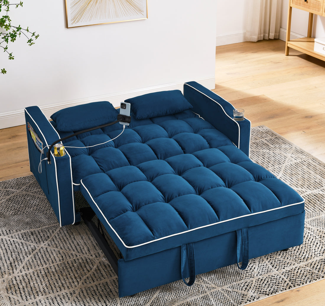 55.51 Inch Versatile Foldable Sofa Bed In 3 Lengths, Modern Sofa Sofa Sofa Velvet Pull Out Bed, Adjustable Back And With Usb Port And Ashtray And Swivel Phone Stand Blue Full Blue Primary Living Space American Design,American Traditional,Traditional