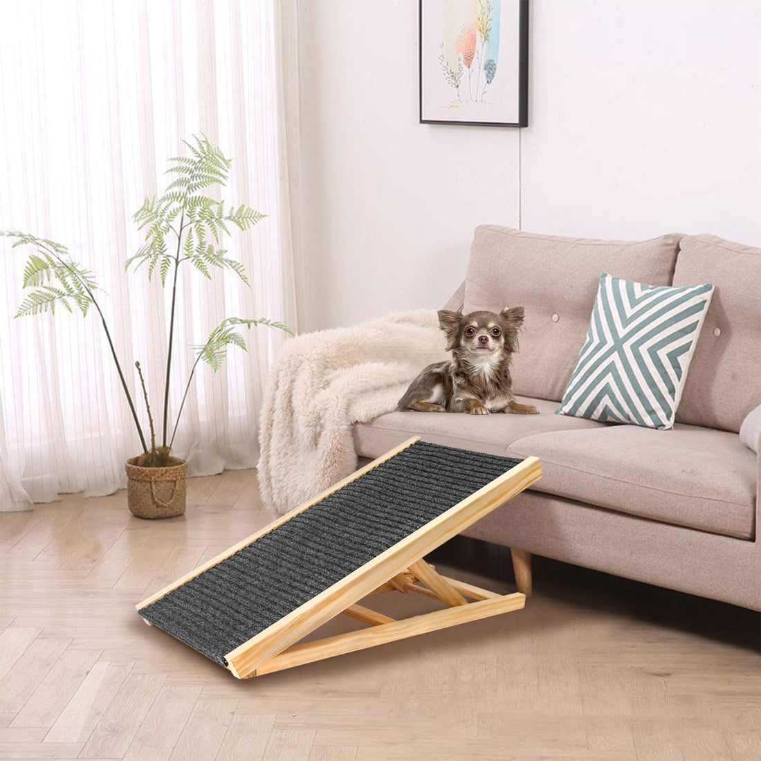 Dog Ramp For Bed, Extra Wide Excellent Traction, Pet Ramp For Small Large Dogs To Get On Couch Car, Non Slip Rubber Surface, 17" Wide Hold Up To 200Lb, Adjustable, Foldable Natural Wood Solid Wood