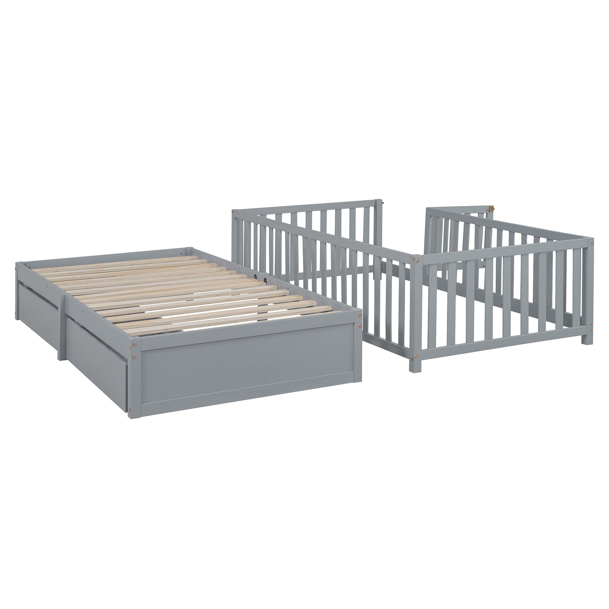 Twin Size Wood Daybed With Fence Guardrails And 2 Drawers, Split Into Independent Floor Bed & Daybed, Gray Old Sku :Lp000881Aae Twin Gray Solid Wood Mdf