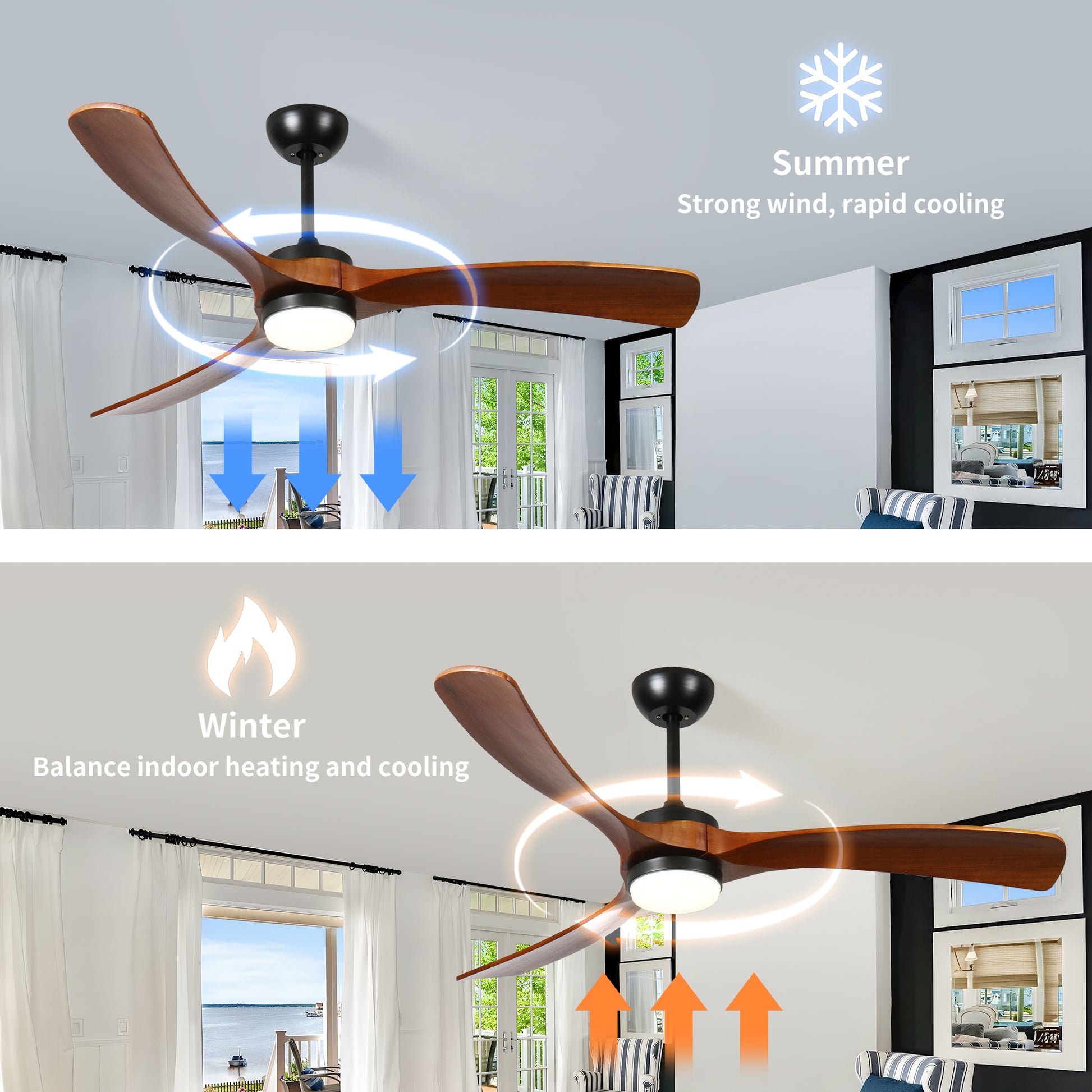 60 Inch 3 Blade Solid Wood Ceiling Fan Light Walnut American Design Solid Wood