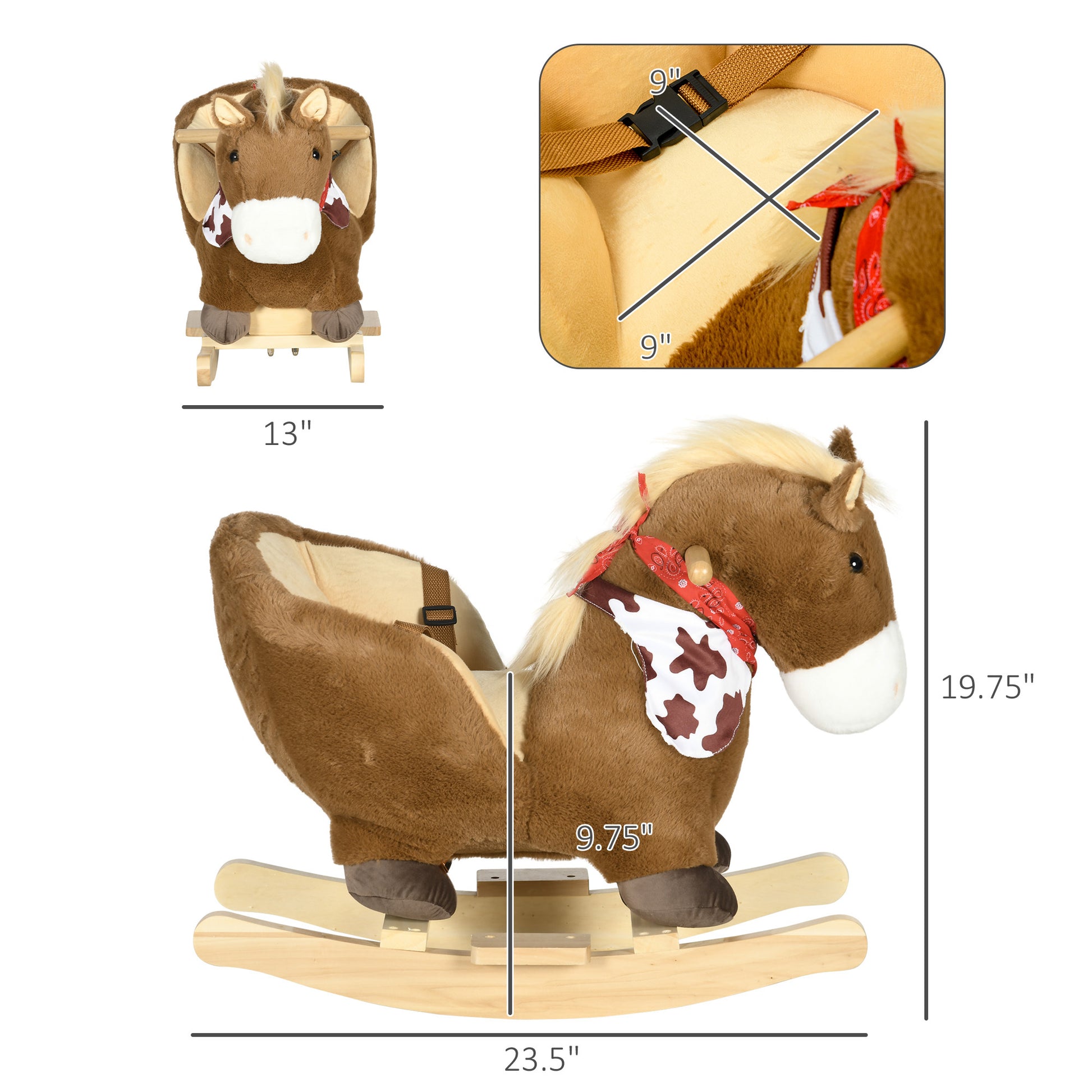 Qaba Baby Rocking Horse, Riding Horse, Plush Animal Rocker With Realistic Sound, Pedals For Ages 18 36 Months, Brown Brown Wood